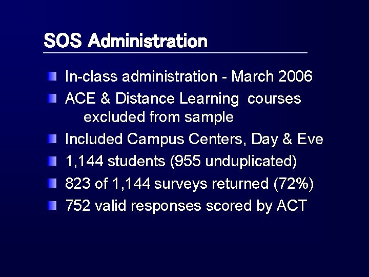 SOS Administration In-class administration - March 2006 ACE & Distance Learning courses excluded from