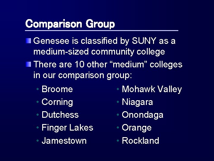 Comparison Group Genesee is classified by SUNY as a medium-sized community college There are