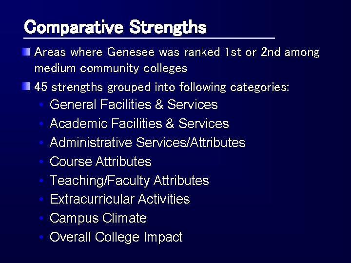 Comparative Strengths Areas where Genesee was ranked 1 st or 2 nd among medium