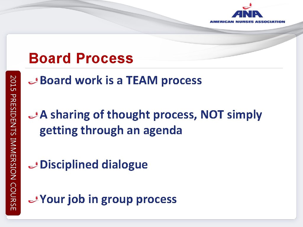Board Process 2015 PRESIDENTS IMMERSION COURSE Board work is a TEAM process A sharing