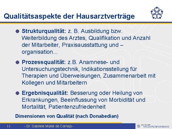 Qualitätsaspekte der Hausarztverträge ¥ Strukturqualität: z. B. Ausbildung bzw. Weiterbildung des Arztes, Qualifikation und