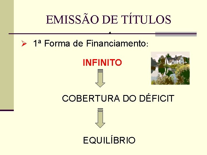 EMISSÃO DE TÍTULOS Ø 1ª Forma de Financiamento: INFINITO COBERTURA DO DÉFICIT EQUILÍBRIO 