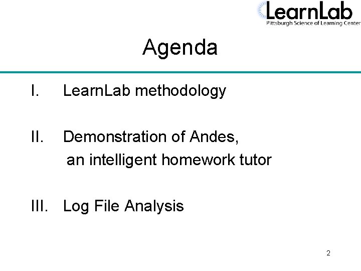 Agenda I. Learn. Lab methodology II. Demonstration of Andes, an intelligent homework tutor III.