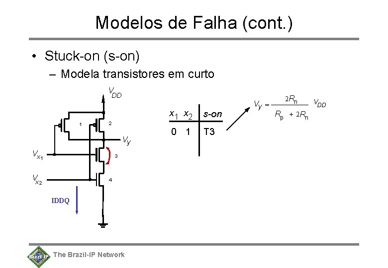 Modelos de Falha (cont. ) • Stuck-on (s-on) – Modela transistores em curto V