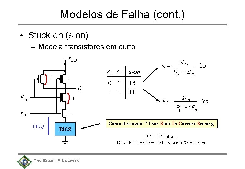 Modelos de Falha (cont. ) • Stuck-on (s-on) – Modela transistores em curto V