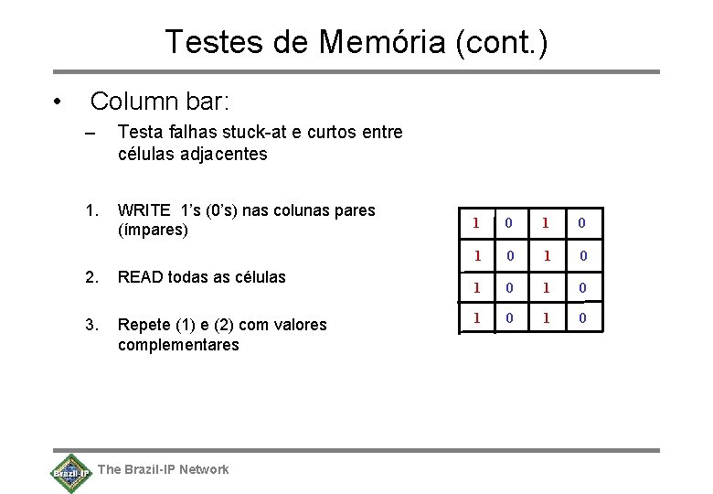 Testes de Memória (cont. ) • Column bar: – Testa falhas stuck-at e curtos