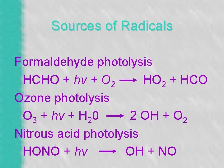 Sources of Radicals Formaldehyde photolysis HCHO + hv + O 2 HO 2 +