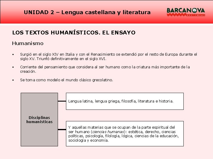 UNIDAD 2 – Lengua castellana y literatura LOS TEXTOS HUMANÍSTICOS. EL ENSAYO Humanismo •