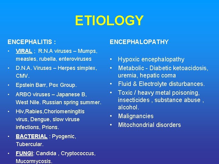 ETIOLOGY ENCEPHALITIS : • VIRAL ; R. N. A viruses – Mumps, measles, rubella,