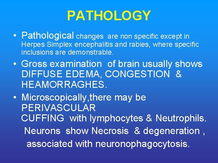 PATHOLOGY • Pathological changes are non specific except in Herpes Simplex encephalitis and rabies,