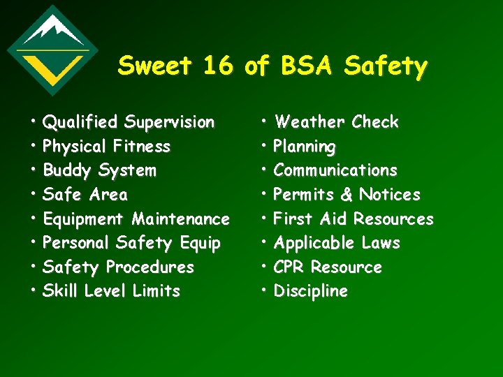 Sweet 16 of BSA Safety • • Qualified Supervision Physical Fitness Buddy System Safe