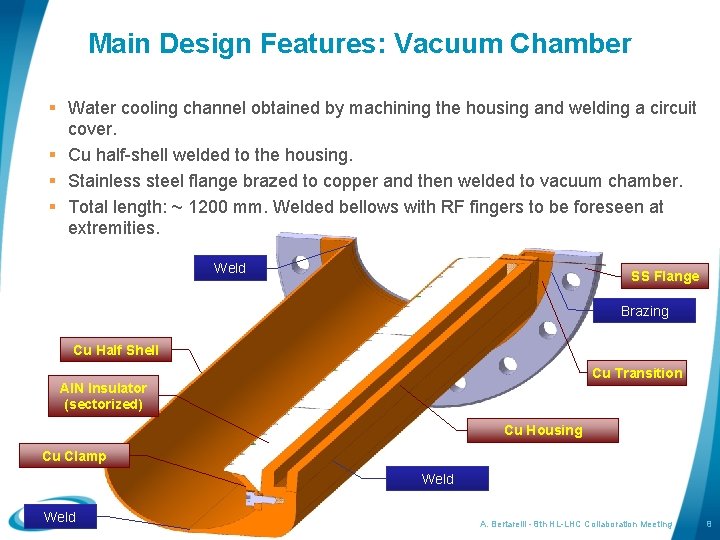 Main Design Features: Vacuum Chamber § Water cooling channel obtained by machining the housing