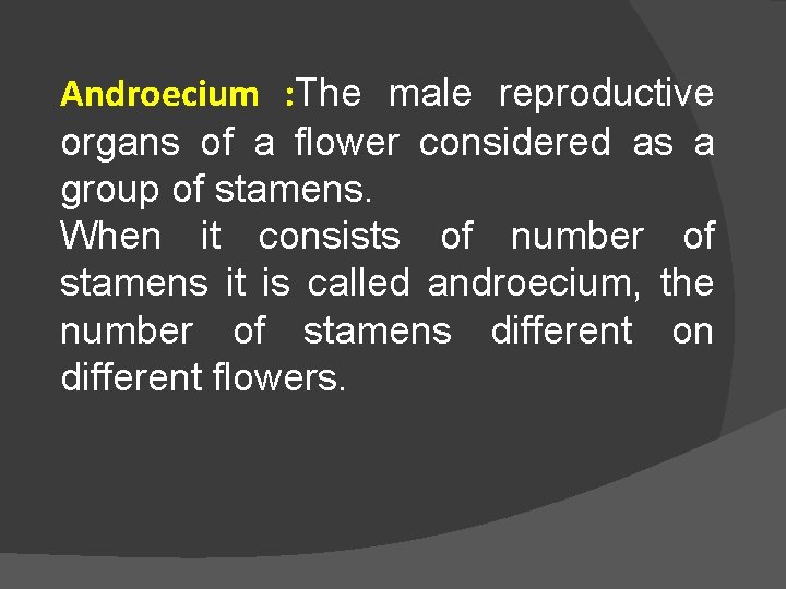 Androecium : The male reproductive organs of a flower considered as a group of