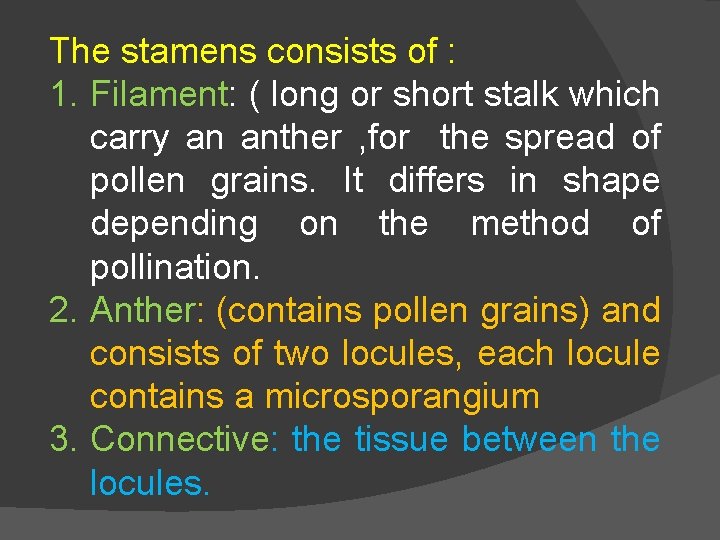 The stamens consists of : 1. Filament: ( long or short stalk which carry