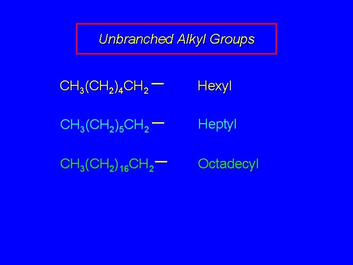 Unbranched Alkyl Groups CH 3(CH 2)4 CH 2 Hexyl CH 3(CH 2)5 CH 2