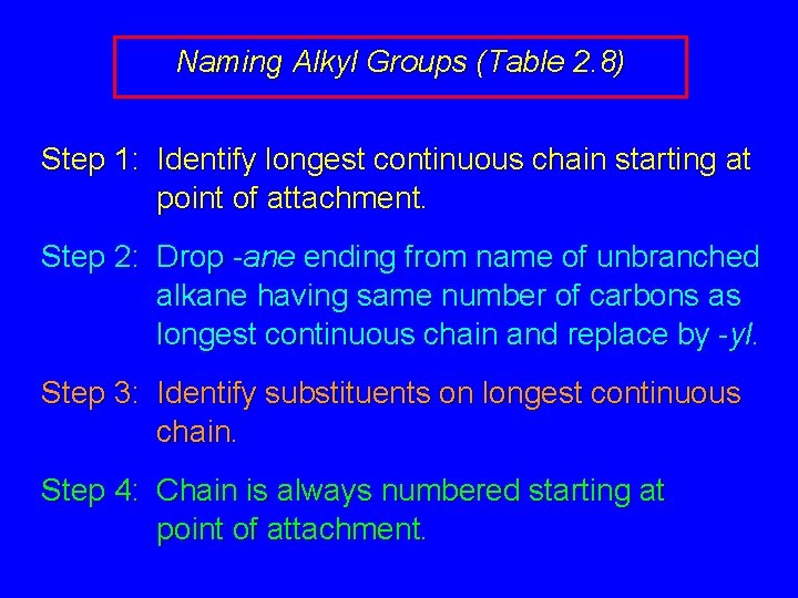 Naming Alkyl Groups (Table 2. 8) Step 1: Identify longest continuous chain starting at