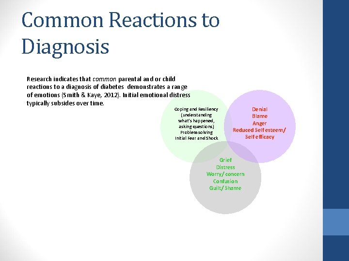 Common Reactions to Diagnosis Research indicates that common parental and or child reactions to