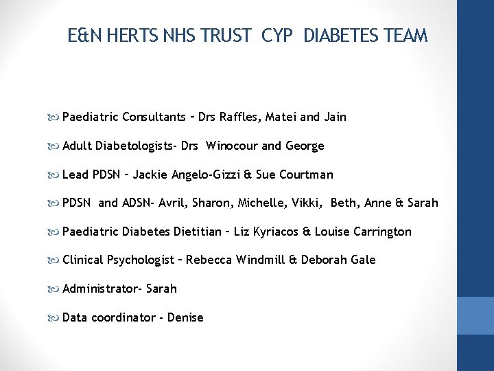 E&N HERTS NHS TRUST CYP DIABETES TEAM Paediatric Consultants – Drs Raffles, Matei and