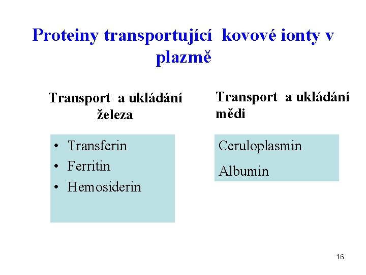 Proteiny transportující kovové ionty v plazmě Transport a ukládání železa • Transferin • Ferritin