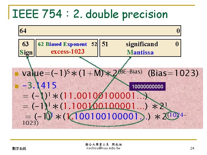 IEEE 754： 2. double precision 64 0 63 62 Biased Exponent 52 51 excess-1023