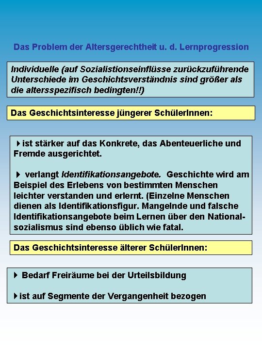 Das Problem der Altersgerechtheit u. d. Lernprogression Individuelle (auf Sozialistionseinflüsse zurückzuführende Unterschiede im Geschichtsverständnis