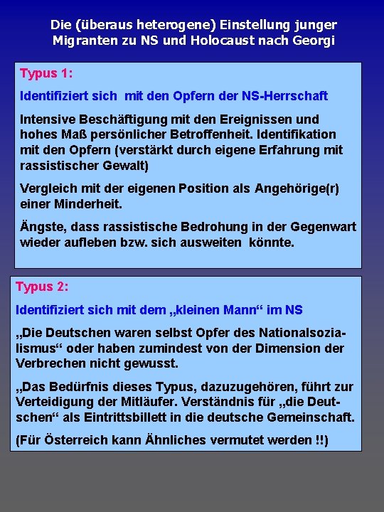 Die (überaus heterogene) Einstellung junger Migranten zu NS und Holocaust nach Georgi Typus 1: