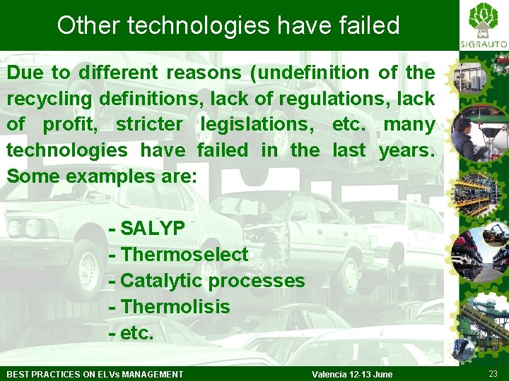 Other technologies have failed Due to different reasons (undefinition of the recycling definitions, lack