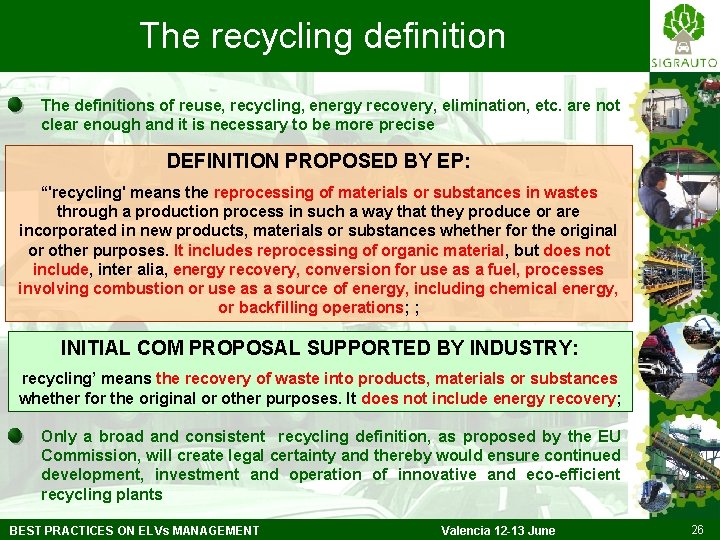 The recycling definition The definitions of reuse, recycling, energy recovery, elimination, etc. are not