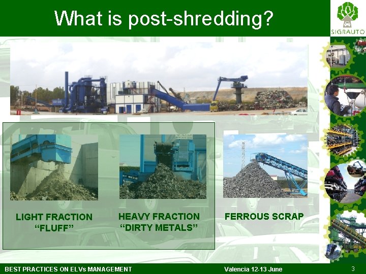 What is post-shredding? LIGHT FRACTION “FLUFF” HEAVY FRACTION “DIRTY METALS” BEST PRACTICES ON ELVs