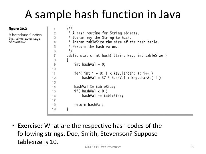 A sample hash function in Java • Exercise: What are the respective hash codes