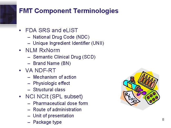 FMT Component Terminologies • FDA SRS and e. LIST – National Drug Code (NDC)