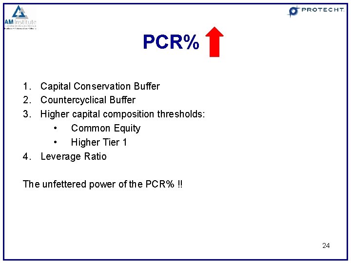 PCR% 1. Capital Conservation Buffer 2. Countercyclical Buffer 3. Higher capital composition thresholds: •