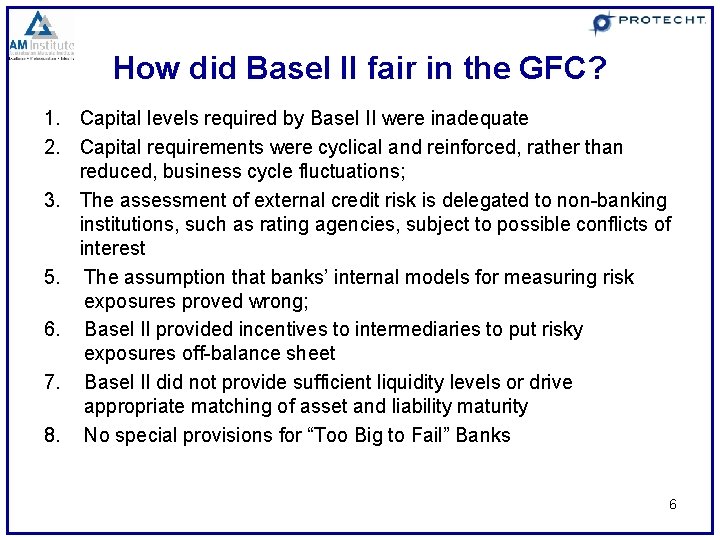How did Basel II fair in the GFC? 1. Capital levels required by Basel
