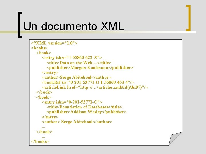 Un documento XML <? XML version=“ 1. 0”> <books> <book> <entry isbn=“ 1 -55860