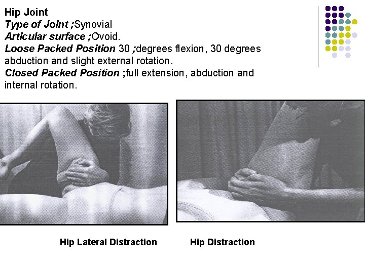 Hip Joint Type of Joint ; Synovial Articular surface ; Ovoid. Loose Packed Position