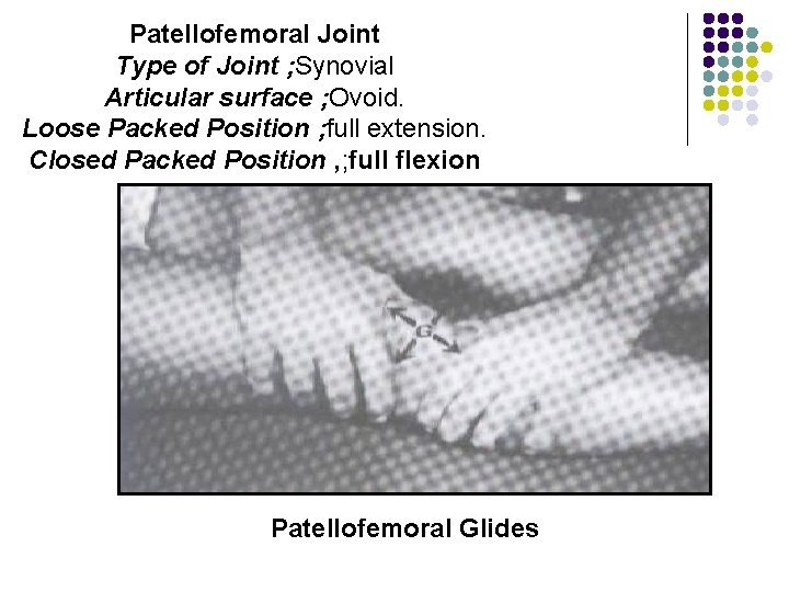 Patellofemoral Joint Type of Joint ; Synovial Articular surface ; Ovoid. Loose Packed Position
