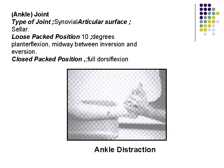 (Ankle) Joint Type of Joint ; Synovial. Articular surface ; Sellar. Loose Packed Position