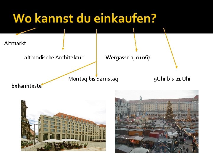 Altmarkt altmodische Architektur Wergasse 1, 01067 Montag bis Samstag 9 Uhr bis 21 Uhr