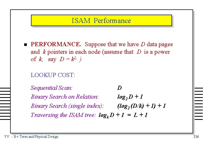 ISAM Performance n PERFORMANCE. Suppose that we have D data pages and k pointers