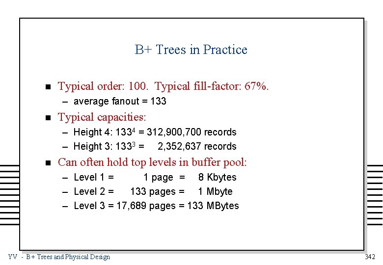 B+ Trees in Practice n Typical order: 100. Typical fill-factor: 67%. – average fanout