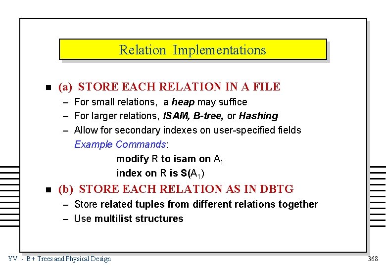 Relation Implementations n (a) STORE EACH RELATION IN A FILE – For small relations,