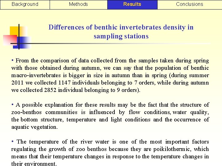 Background Methods Results Conclusions Differences of benthic invertebrates density in sampling stations • From