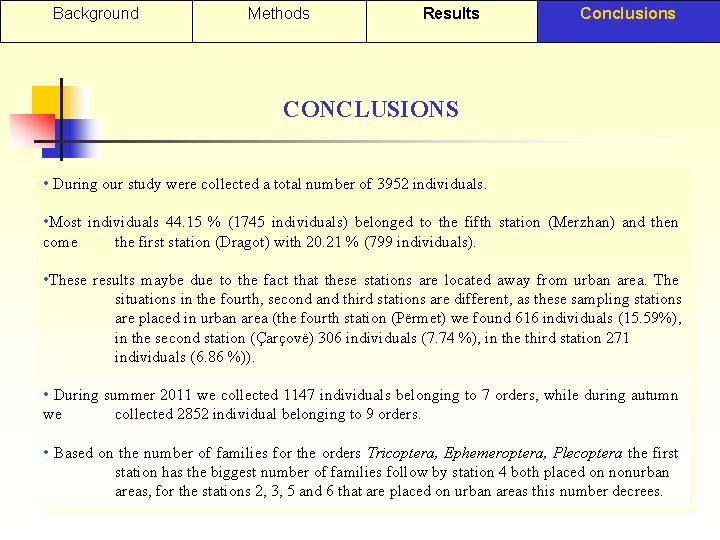 Background Methods Results Conclusions CONCLUSIONS • During our study were collected a total number