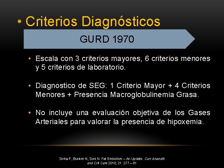  • Criterios Diagnósticos • Gurd 1970. GURD 1970 • Escala con 3 criterios