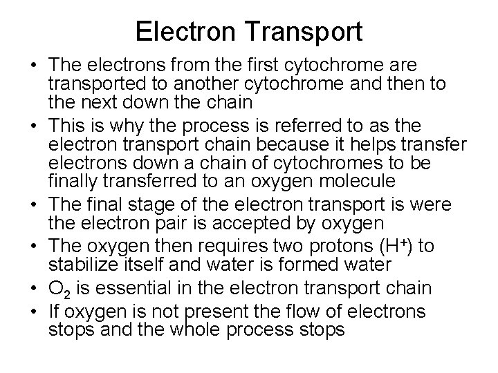 Electron Transport • The electrons from the first cytochrome are transported to another cytochrome