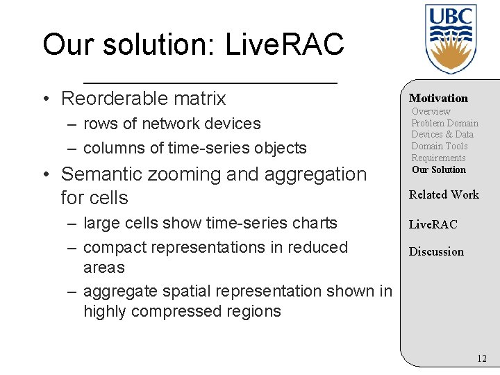 Our solution: Live. RAC • Reorderable matrix – rows of network devices – columns