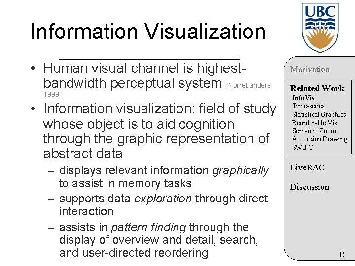 Information Visualization • Human visual channel is highestbandwidth perceptual system [Norretranders, 1999] • Information