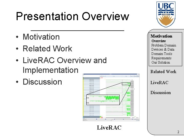 Presentation Overview • Motivation • Related Work • Live. RAC Overview and Implementation •