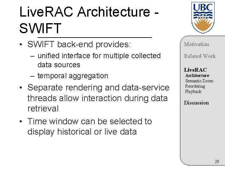 Live. RAC Architecture SWIFT • SWIFT back-end provides: – unified interface for multiple collected