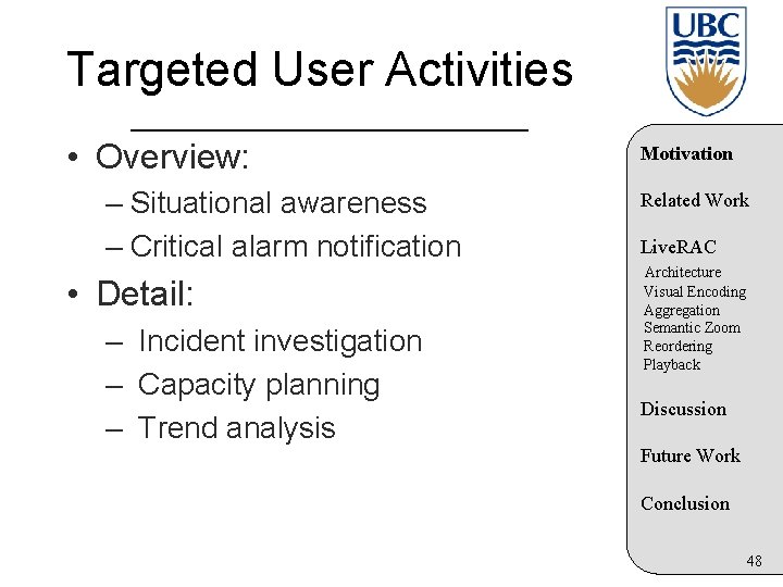 Targeted User Activities • Overview: – Situational awareness – Critical alarm notification • Detail: